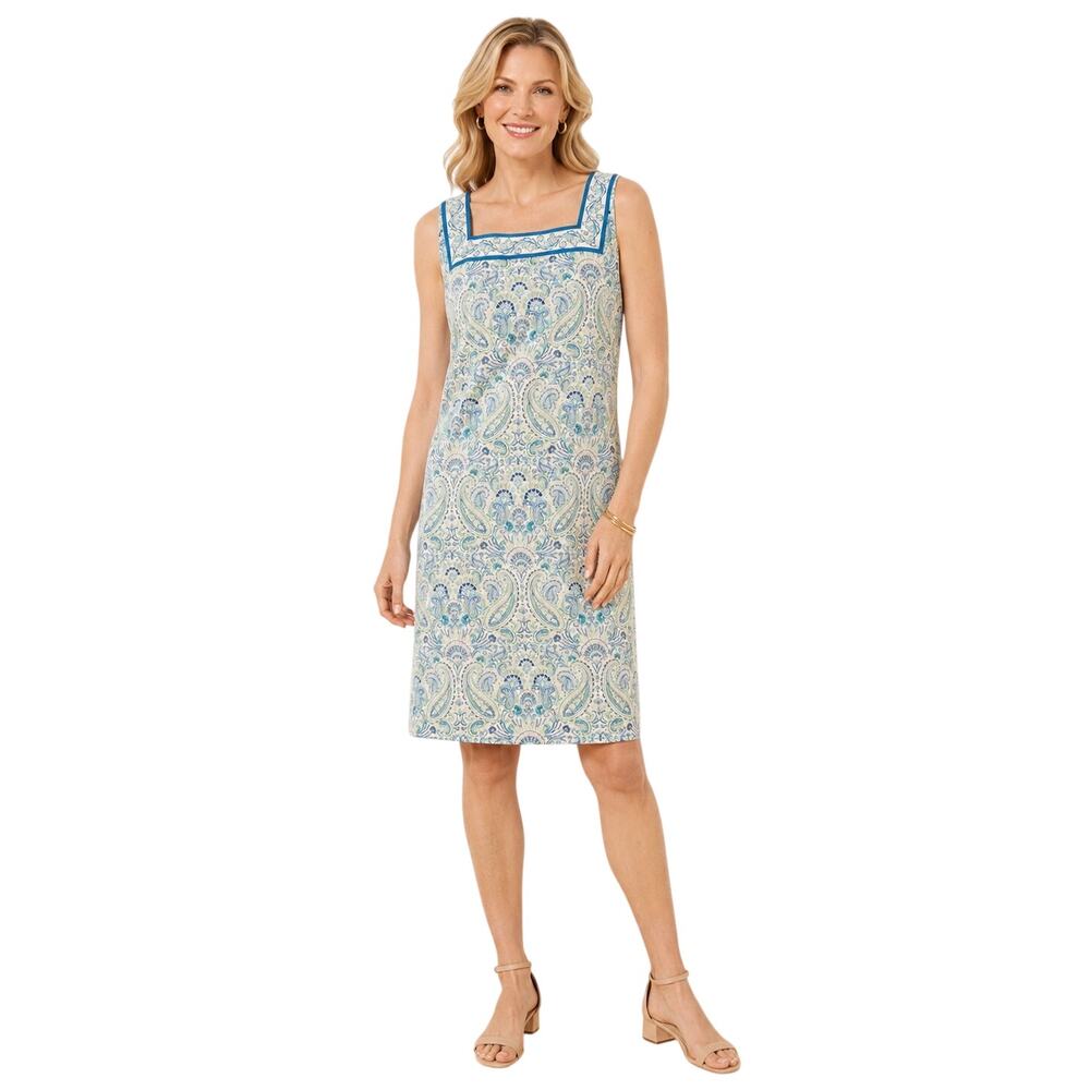 Talbots Paisley Square Neck Shift Dress, Blue Green Cotton Stretch, Size 10, NWT